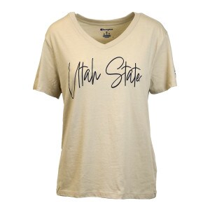 tan, v-neck, utah state script writing, short sleeve tee